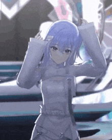 a girl with purple hair is wearing a white shirt
