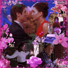 a picture of a man and woman surrounded by pink flowers with the words i love my husband at the top