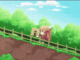 a cartoon of a girl standing next to a fence in a field