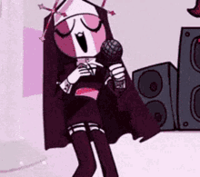 a cartoon nun is singing into a microphone in front of speakers .