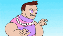 a cartoon drawing of a man with purple eyes and a huge arm