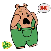 a cartoon of a bear wearing green overalls and a speech bubble that says omg