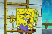 spongebob squarepants is sitting on a ladder holding a purple toolbox