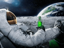 an astronaut laying on the moon holding a green bottle