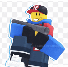 a sticker of a roblox character holding a gun with the letters r on his hat