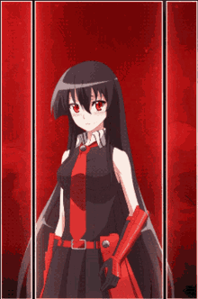 a girl with long black hair and a red tie
