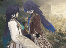 a couple of anime characters are looking at each other