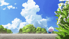 a blue and white cartoon character is standing on a road