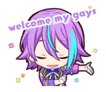 a cartoon character with purple hair and blue streaks says welcome my gay 's .