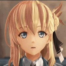 a close up of a girl 's face with blonde hair