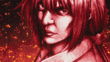 a close up of a person 's face with a red background that says ' samurai ' on the bottom