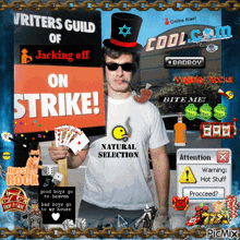 a man holding a sign that says strike