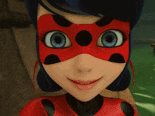 a close up of a ladybug with blue eyes