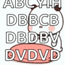 a panda bear is sitting on a pink pillow with the words `` abc yh dbbcb dbdbv dvdvd '' .