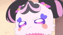 a close up of a cartoon character with hearts on her eyes