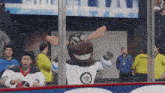 a moose mascot stands in front of a crowd wearing a canadian jersey