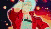 a man in a red jacket is standing with his arm up