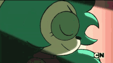 a close up of a cartoon character with the cn logo on the bottom