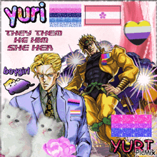 a picture of a man and a woman with yuri they them he him she her written on it