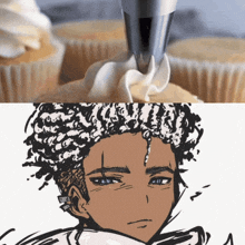 a drawing of a man with curly hair next to a picture of cupcakes with whipped cream