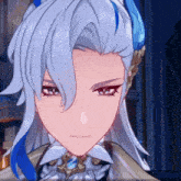 a close up of a cartoon character 's face with white hair and blue horns