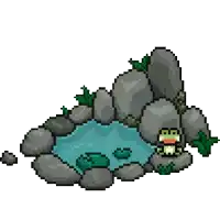 a pixel art of a frog sitting on a rock next to a pond
