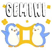 two penguins are standing next to each other and the word gemini is above them