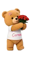 a teddy bear wearing a white shirt that says carmen is holding a bouquet of red roses