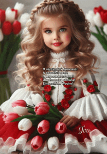 a little girl in a dress holding a bouquet of flowers