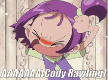 a cartoon of a girl with purple hair and the words cody rawling above her