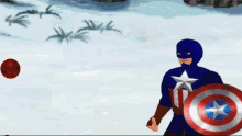 a cartoon of captain america holding a shield standing in the snow