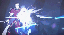 a man in a red suit is holding a sword and shield while another man holds a sword .