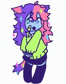 a colorful drawing of a girl with a purple and pink hair