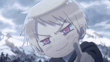 a cartoon character with purple eyes and white hair is giving the peace sign