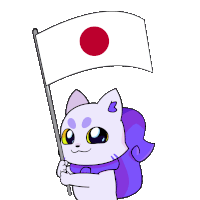 a cartoon drawing of a cat holding a flag with a red circle on it