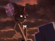 edward from cowboy bebop is sitting in front of a computer