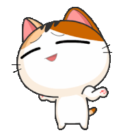 a cartoon calico cat with its eyes closed and its paws outstretched