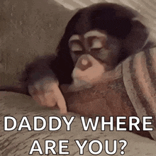 a chimpanzee is laying on a bed and pointing at the camera .
