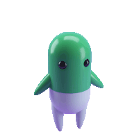 a green and white cartoon character with purple legs