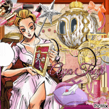 a woman in a pink dress is reading a book with the name aya on the bottom