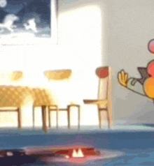 a cartoon character is standing in a living room