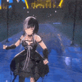 a girl in a black dress stands with her arms outstretched in front of a castle