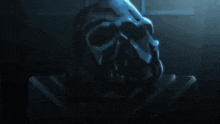 a close up of a person 's face with a hood that says ' rc ' on it