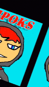 a cartoon drawing of a man with red hair and the word poks on the top