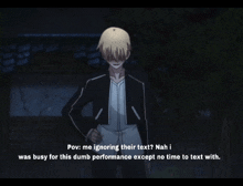 a man in a black jacket is talking about ignoring their text