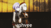 two anime girls are standing next to each other and the word ashvee is on the bottom of the image