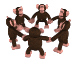 a group of stuffed monkeys are holding hands and dancing in a circle