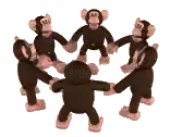 a group of stuffed monkeys are holding hands and dancing in a circle