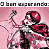 a draculaura monster high doll is chained to a wall and has a pink background .