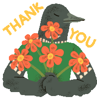 Bird Holding A Bouquet Of Flowers Says "Thank You" In English. Sticker - Le Loon Flowers How Sweet Stickers